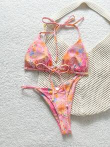 Swim Vcay Bộ bikini gợi cảm buộc dây cổ, in hình mặt người, dành cho nữ, thích hợp mặc đi biển mùa hè. - Nhiều màu - Xem 8