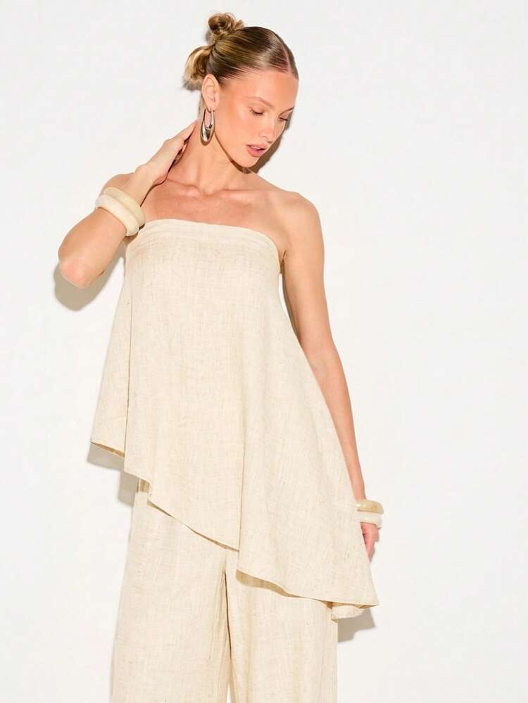 KIZN Women's Strapless Linen Asymmetric Ruffle Top Summer Elegant Sleeveless Blouse Cream Draped Neckline Layered Hem Vacation Resort Wear