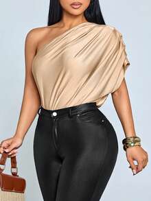 SOLERSUN Plus Size Women's Elegant Solid Color One-Shoulder Pleated Bodysuit, Valentine's Day Bodysuit, Carnival Bodysuit, Easter Bodysuit. - Khaki - View 6