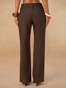 SHEIN BAE Petite Women's Fashion Dark Brown Winter Business Casual Office Vintage Elegant Minimalist Soft Pocket Flare Pants Back To School Season Autumn Long Pants - Brown - View 2