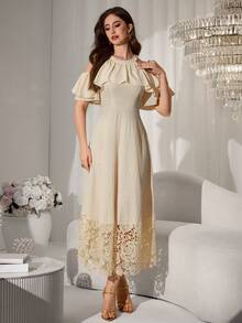 Modelyn Sweet & Youthful Yellow Elegant Ruffle Off-Shoulder Embroidered Patchwork Mid-Length Dress For Women - Apricot - View 4