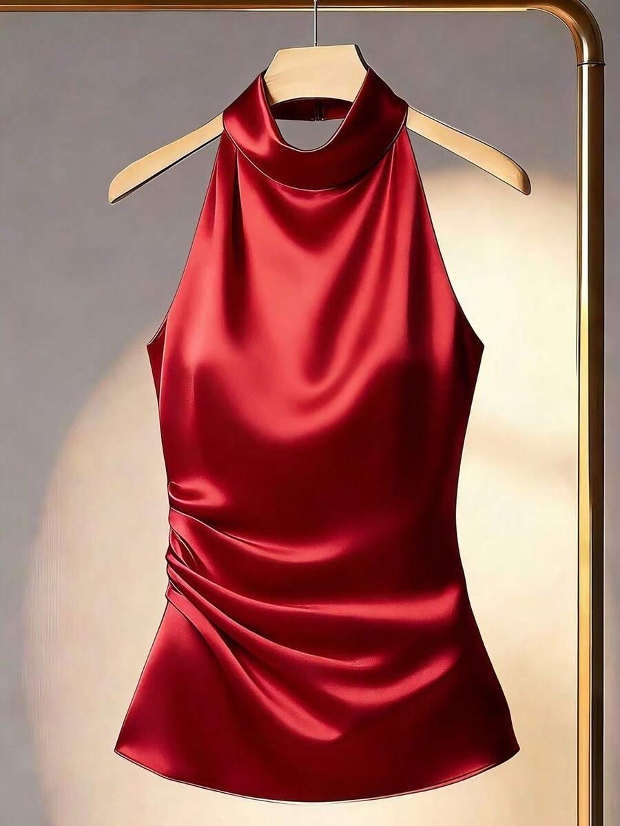 Franclia 女士纯色露背垂褶优雅修身衬衫,夏季 - 紅色 - 查看 1
