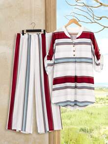 Rusticease Plus Size Women Striped Button Half Placket Roll Up Sleeve Shirt And Pants Casual 2 Pieces Set Female Country Look Vacation Outfits For Women  Summer Holiday Outfits Summer Outfits For Women Cruise Outfit For Women Resort Wear Two Piece Set Pyjamas Set Women Two Piece Outfits For Women Sets Retro Outfit For Women Set - Multicolor - View 14