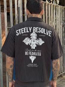 GENTILAND 男士休闲条纹十字字母印花短袖衬衫，夏季 - 黑色 - 查看 8