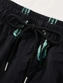 Manfinity Swimmode 男士抽绳松紧腰宽松休闲沙滩短裤，夏季 - 黑色 - 查看 4