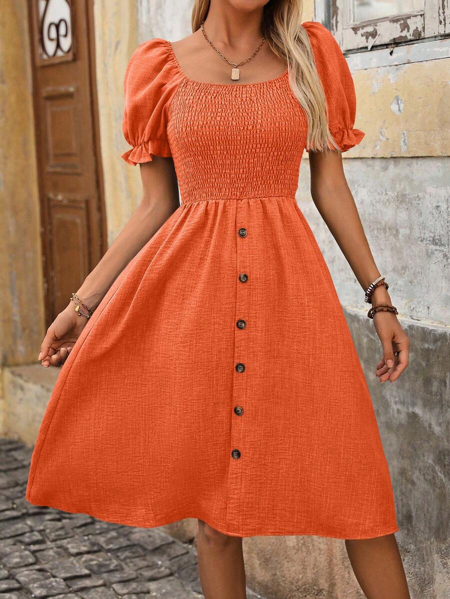 EMERY ROSE Women's Denim Effect Puff Sleeve A-Line Dress - Orange - View 1