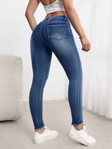 SHEIN ICON 女士纽扣前袋做旧修身牛仔裤 - 藍色 - 查看 5