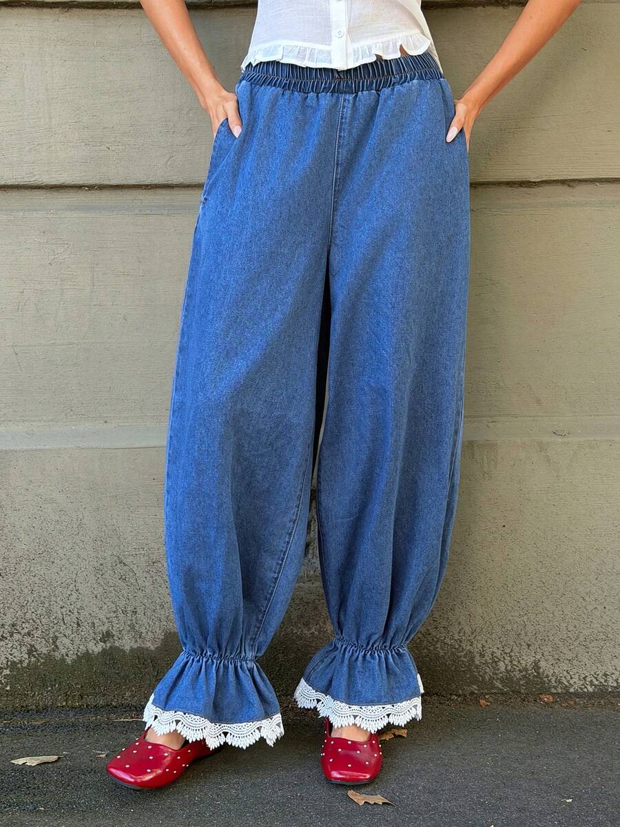 MainGRL Quần jeans nữ ống lửng dáng casual, chất liệu wash, có dây rút. - Màu xanh lam - Xem 1