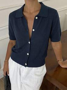 Livesso Women's Summer Polo Collar Short Sleeve Knit Top - Navy Blue - View 1