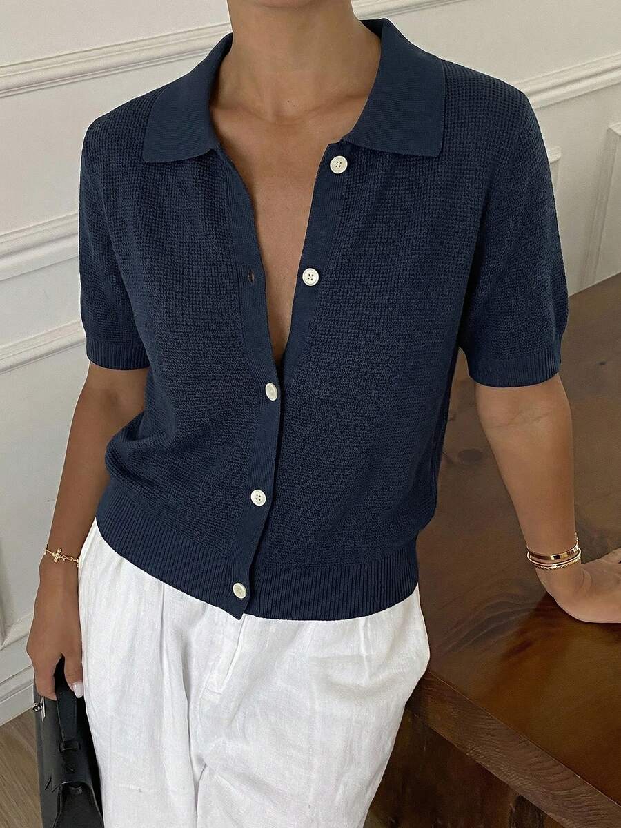 Livesso Women's Summer Polo Collar Short Sleeve Knit Top - Navy Blue - View 1