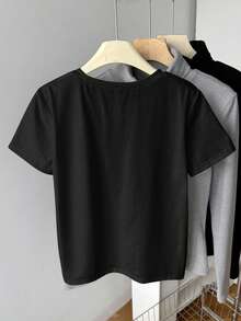 SHEIN Blus/Kaos Rajut Putih Leher Bulat Motif Hati Longgar Berhiaskan Manik-manik Elegan Serbaguna Nyaman untuk Anak Perempuan Usia 8-12 Tahun, Musim Semi/Panas - Hitam - View 2