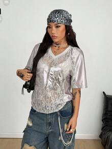 Coolane 男女夏季街头情侣同款Y2K辣妹风仙女风比赛日撞色蕾丝数字图案拼接超大款针织T恤 - 淺灰色 - 查看 3