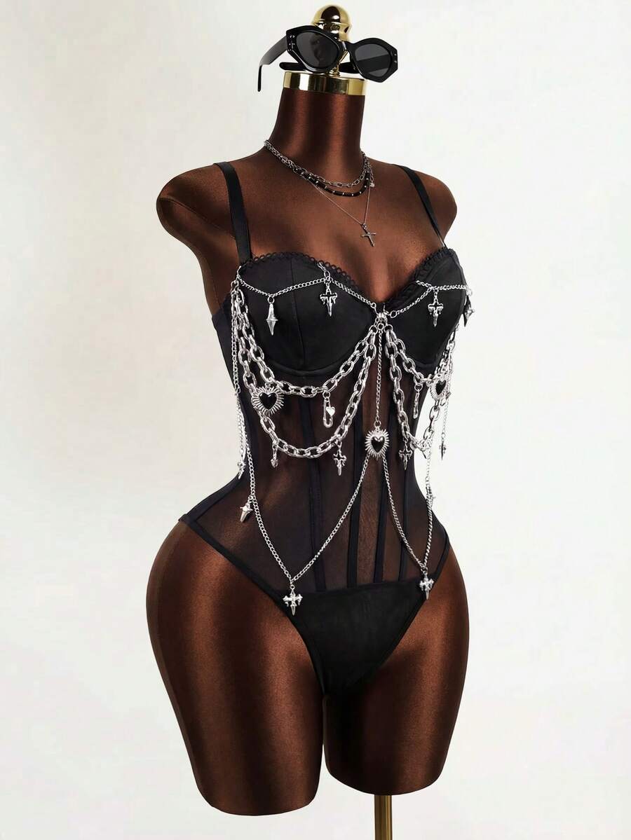 Mistrie Women's Black Spaghetti Strap Backless Camisole,Chain Decor Sequin Rhinestone Goth Club Outfit,Summer Mesh Patchwork Rave Party Y2K Queen Wear - Black - View 1