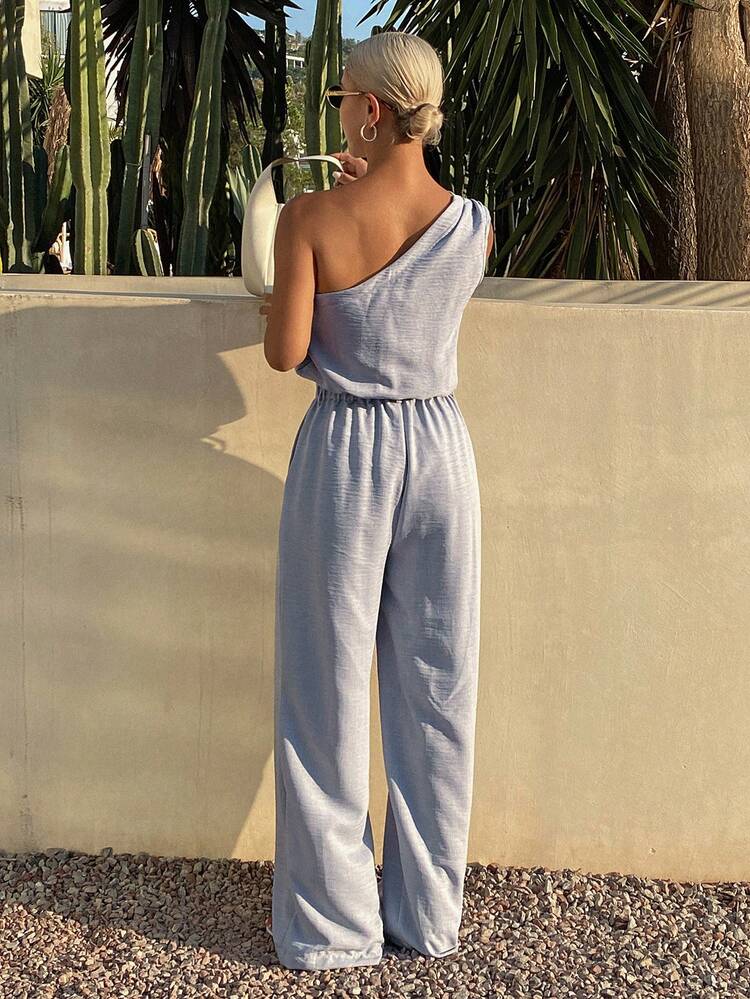 Women's Casual Beach Vacation Style Asymmetrical Shoulder Camisole And Straight Leg Pants 2 Pieces Set, Spring/Summer