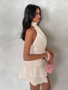Glamine Women's Cream White Satin Halter Neck Backless Mini Dress,Elegant Summer Tropical Cocktail Outfit, Double Ruffle Hem A-Line Skirt For Party - Apricot - View 7