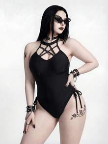 ROMWE Summer Black Goth Rave Plus Size One-Piece Swimsuit,Gothic Halter Top Punk Beach Gym Vacation Bathing Suit Bodysuit - Black - View 3