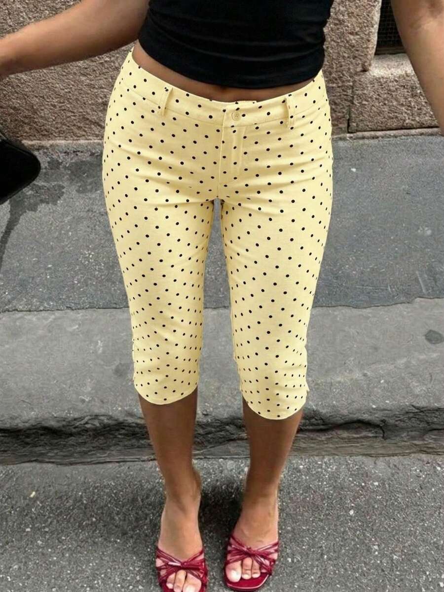 SHEIN EZwear 女士波点休闲百搭七分裤 - 鵝黃色 - 查看 1