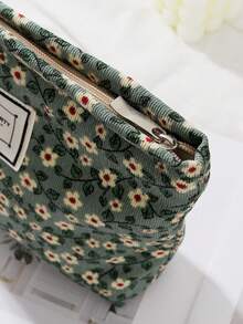 1 Set Of Green Retro Floral Portable Makeup Bag, Fashionable And Casual Large Capacity Zipper Makeup Bag, Travel Storage Stationery Bag, Essential Makeup Bag For Vacation - Green - View 5
