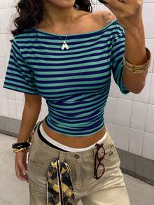 StreetHx Women's Fashionable Multi-Color Striped Asymmetric Neck Casual T-Shirt - Multicolor - View 4