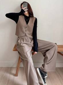 DAZY 2pcs Women's Solid V-Neck Single Breasted Vest & Wide Leg Pants Casual Suit,Fall Clothes,Back To School Clothes - Coffee Brown - View 3
