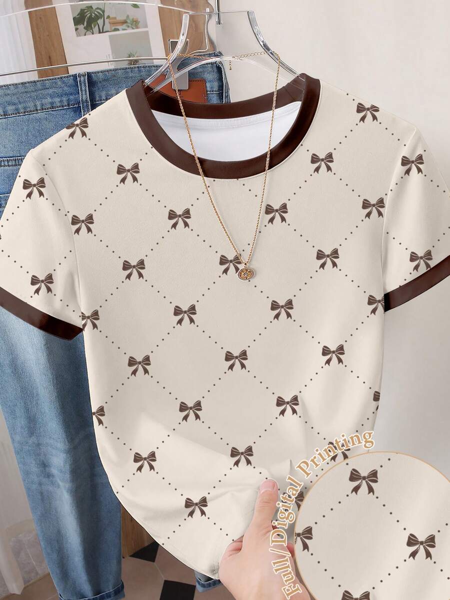 Franclia Women's Bow Print Round Neck Short Sleeve Casual T-Shirt - Multicolor - View 1