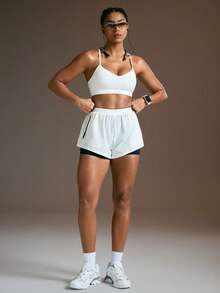 Powerista Bộ đồ thể thao nữ gồm áo tank top màu trơn và quần short hai lớp. - trắng - Xem 5