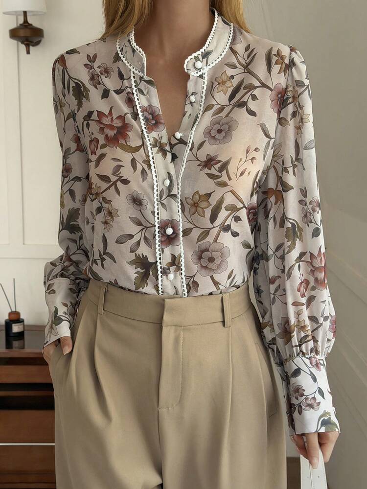 Floral & Plant Print Loose Fit Lightweight Long Sleeve Elegant Summer Blouse For Women Boho