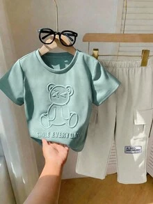 SHEIN 两件套男童图案圆领短袖T恤（含工装口袋）搭配撞色长裤，休闲运动风，适合春、夏、秋季穿着。 - 綠色 - 查看 4