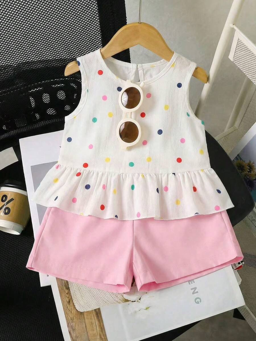 Young Girl Polka Dot Round Neck Ruffle T-Shirt And Shorts Casual Daily Outfit - Multicolor - View 1