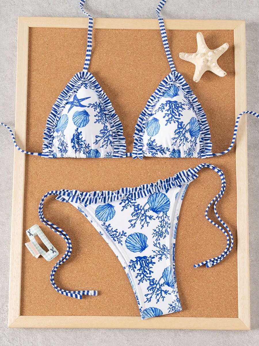 Bellisia Women's Starfish Print Triangle Cup Bikini Set, Beach Vacation - Blue - View 1