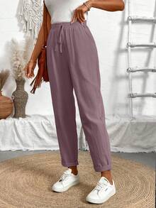 Breezaya Women Loose Drawstring Hemming Cuffed Casual Cropped Pants - Dusty Purple - View 5