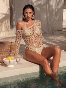 Swim Chiccia Top de vestido de playa asimétrico, transparente y con parches de lentejuelas para mujer, ideal para vacaciones y primavera/verano - Albaricoque - Ver 1