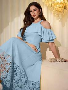 Modelyn Sweet & Youthful Yellow Elegant Ruffle Off-Shoulder Embroidered Patchwork Mid-Length Dress For Women - Blue - View 3