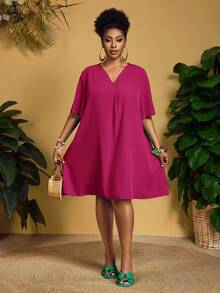 Slaydiva Đầm nữ tay ngắn bằng chiffon, cổ chữ V, dáng rộng, tay bồng, kiểu dáng thanh lịch, thường ngày hoặc công sở, thích hợp cho lễ Phục sinh/miền Tây. - Màu Hồng Tươi - Xem 7