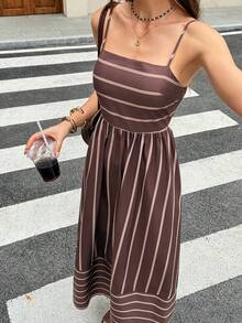 Serisse 女士条纹荷叶边休闲简约度假长吊带连衣裙 - 棕色 - 查看 13