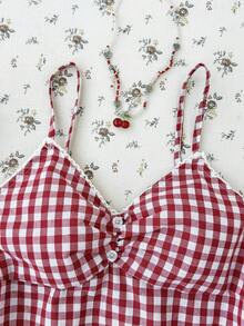 SHEIN 少女黑白复古荷叶边A字衬衫，休闲学院风可爱上衣，格纹上衣，娃娃衫，女士上衣，夏季上衣 - 紅色 - 查看 3