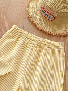 SHEIN LMoss Kids LMoss 女婴夏季可爱条纹吊带背心和松紧腰裤两件套 - 黃色 - 查看 6