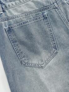 ROMWE MEN Men's Rhinestone Cross Embroidered Denim Shorts - Blue - View 5