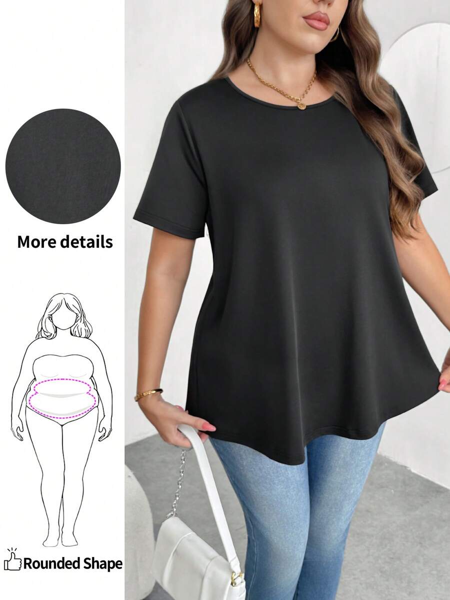 Enliva Plus Size Casual Basic Casual Crew Neck Short Sleeve Knitted T-Shirt Office Black Summer, For Apple And Rounded Body Shape - Black - View 1