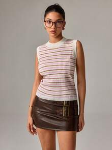 SHEIN Ribbed Pink And White Knit Sleeveless Top Clean Girl Aesthetic Vintage Casual-Inspired Body-Skimming Fit Lightweight Autumn Knit Essential Y2K Brunch - Multicolor - View 3