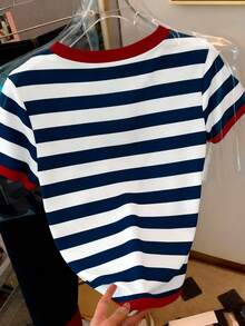 女士条纹字母印花休闲百搭圆领短袖T恤 - 彩色 - 查看 2