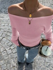 Muchica Camiseta ajustada de punto con hombros descubiertos en color rosa claro para mujer - Rosa Pálido - Ver 4