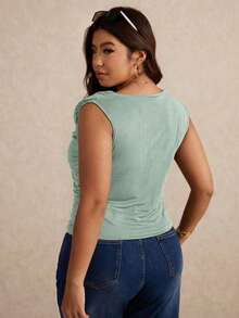 Elaquor Plus Size Women Solid Color Ruched Neck Casual Blouse - Mint Green - View 2