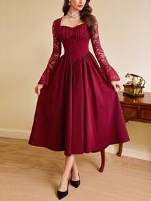 Vintamour Elegant Burgundy Women's Vintage Midi Dress,Lace Patchwork Bodice Long Sleeve Autumn Dining Party Dress With Pockets,Valentine's Day Holiday Outfit - Burgundy - View 2