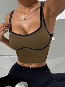 Slayform Women's Contrast Binding Cropped Sports Tank Top, Suitable For Yoga, Cycling, Tennis - Cocoa - View 3