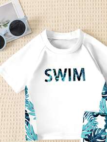 SHEIN Baby Boy White Cute Swimsuit Set,Short Sleeve Round Neck SWIM Letter & Coconut Tree Graphic Print,Summer Beach Vacation Holiday Surfing Slim Fit - Multicolor - View 4