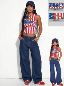 Gowayae Gowayae American Flag Laser Distressed Print Fitted Sexy Cropped Sleeveless Tank Top For Women - Red and White - View 8