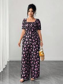 GlowEve CURVE Bộ jumpsuit dài tay phồng, thắt eo họa tiết hoa nhí dành cho nữ cỡ lớn - Hồng - Xem 4