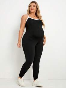 Plussiva Maternity Plus Size Contrast Color Casual Jumpsuit - Black and White - View 6
