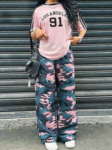 SHEIN 两件套少女舒适宽松户外街头运动风套装，粉色超大T恤+迷彩阔腿裤 - 彩色 - 查看 3